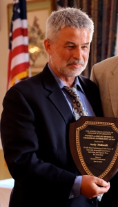 Andy Thibault accepts the 2014 Stephen A. Collins Award from the Connecticut Council on Freedom of Information.